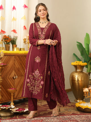 Wine Floral Embroidered Cotton Straight Kurta Set