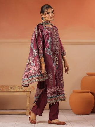 Wine panel printed silk blend kurta set with solid trousers and printed dupatta