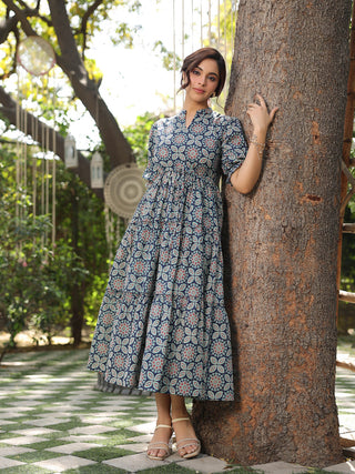 Women Rust And Blue Floral Ethnic A-line Pure Cotton Midi Ethnic Dress