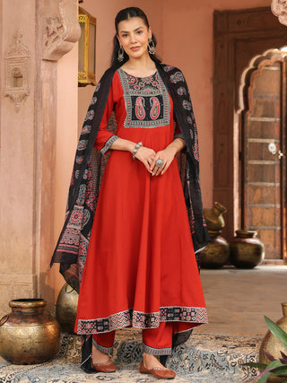 Red Printed 3-Piece Anarkali Kurta Set
