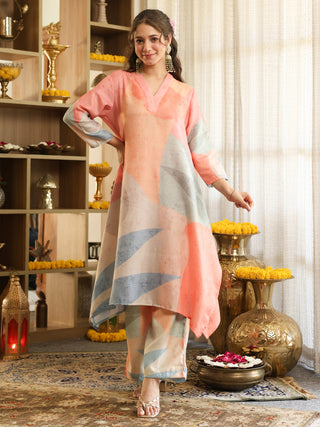 Peach and Pastel Blue Abstract Print Co-Ord Set