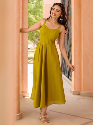 Olive Green Solid Fit & Flare Dress
