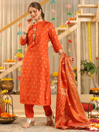 Orange Ethnic Motif Print Rayon Straight Kurta Set With Pant Pocket