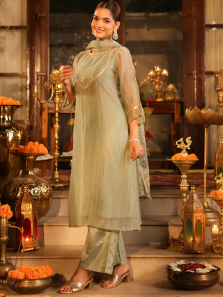 Dusty Blue Sequin Tissue A-Line Kurta Set with Pocket