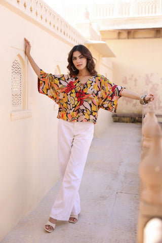 Floral Print Kimono Sleeve Kaftan Top