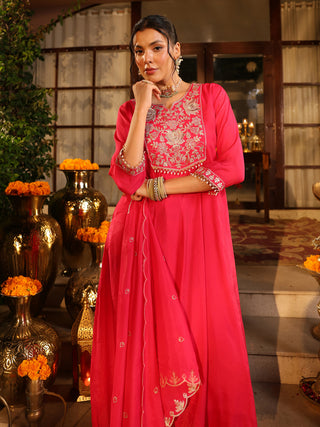 Pink Embroidered Anarkali Kurta Set with Pocket