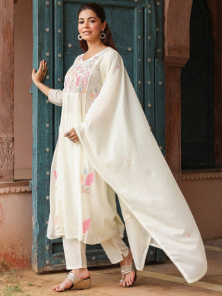 White Floral Embroidered 3-Piece Anarkali Kurta Set