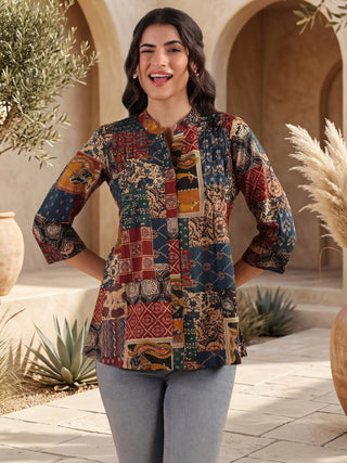 Print Mandarin Collar Ethnic Cotton Top