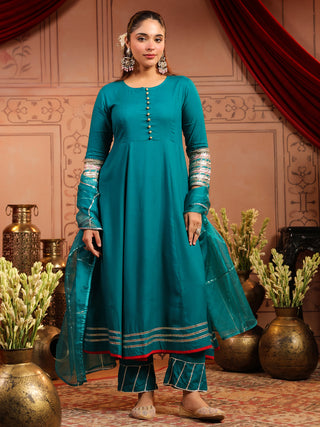 Teal Solid Fit & Flare 3-Piece Anarkali Kurta Set