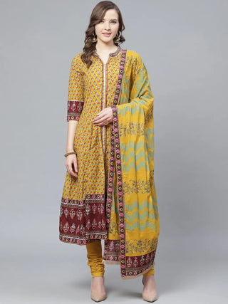 Women Mustard Coloured Kurta with Churidar & Dupatta