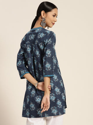 Women Blue Floral Cotton Printed High Low Kurti