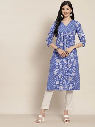 Women Blue Ethnic Motifs Printed Pure Cotton A line Kurta