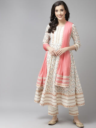 Women Cream and Pink Floral Printed Anarkali Kurta Set