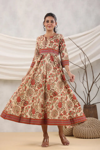 Women Maroon Floral Printed Anarkali Dress