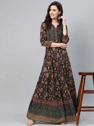 Women Navy Blue Printed Long Maxi Dress