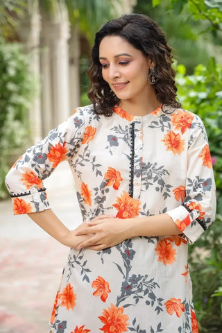 Cream & Orange Floral Lace Kurti