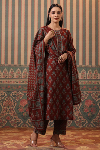 Women Rust Ethnic Printed Pure Cotton Straight Kurta with Palazzos & Dupatta