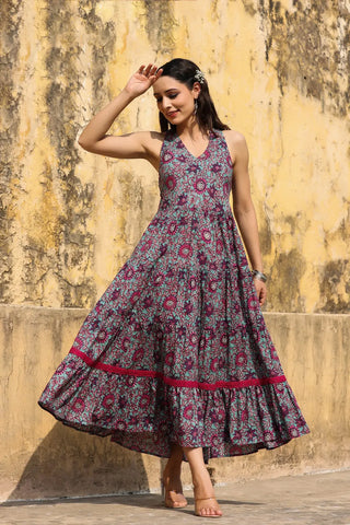 Women Wine Printed Pure Cotton Flared Ethnic Dress