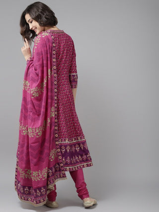 Women Magenta & Beige Printed Pure Cotton Kurta with Churidar & Dupatta