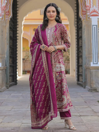 Women Wine Paisley Printed Anarkali Kurta With Trouser And Dupatta