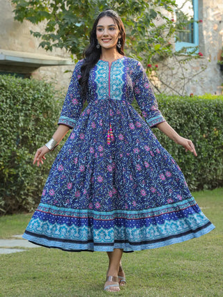 Women Blue Ethnic Motifs Printed Anarkali Kurta