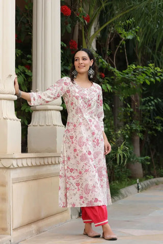 Women Cream and Pink Embroidered Pure Cotton Straight Kurta With Salwar