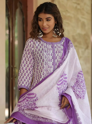 Women Purple-Coloured Ethnic Motifs Printed Sequinned Pure Cotton Kurta with Trousers And Printed Dupatta