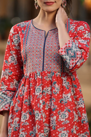 Women Red & Navy Blue Floral Printed Pure Cotton Kurti