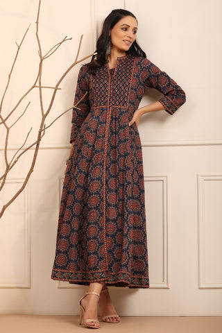 Women Blue Ethnic Motifs Printed Pure Cotton Anarkali Kurta