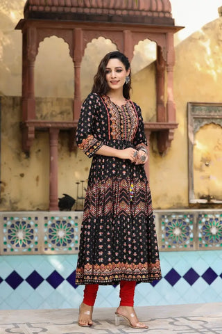 Women Black Ethnic Motifs Printed Anarkali Kurta