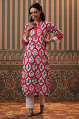 Women Red Ethnic Motifs Printed Cotton Straight Kurta