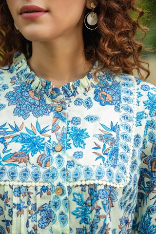 Women Blue Floral Ruffle Sleeve Top