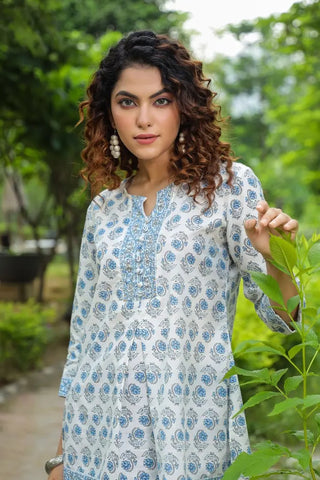 Women Blue and Off-White Printed A-Line Kurti