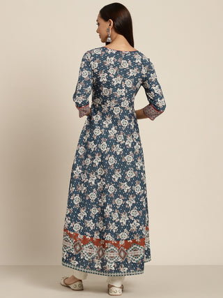 Women Navy Blue & Off White Pure Cotton Floral Print Anarkali Kurta