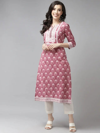 Women Rust Red & White Pure Cotton Ethnic Motifs Printed Kurta