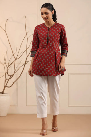 Women Maroon & Black Pure Cotton A line Kurti