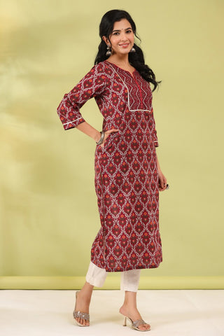 Women Maroon Ethnic Printed Pure Cotton Straight Kurta