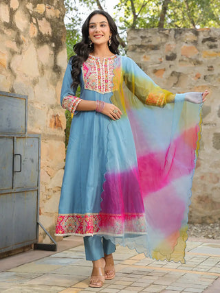 Women Blue Embroidered Anarkali Kurta With Trouser And Dupatta