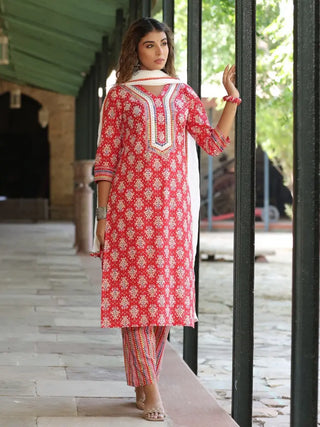 Women Red Ethnic Motifs Printed Pure Cotton Staight Kurta With Printed Trousers & Dye Dupatta