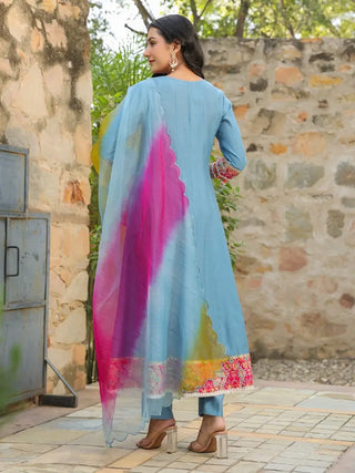 Women Blue Embroidered Anarkali Kurta With Trouser And Dupatta