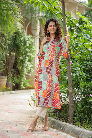 Women Multi-Color Red Patch Printed A-line Kurti