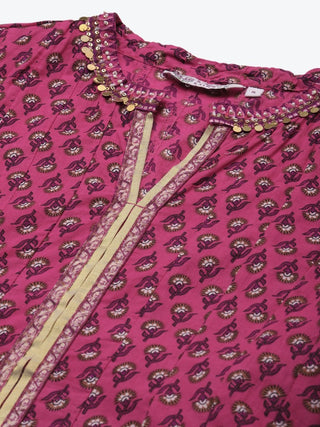 Women Magenta & Beige Printed Pure Cotton Kurta with Churidar & Dupatta