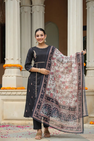 Black Embroidered Kurta Set With Printed Dupatta