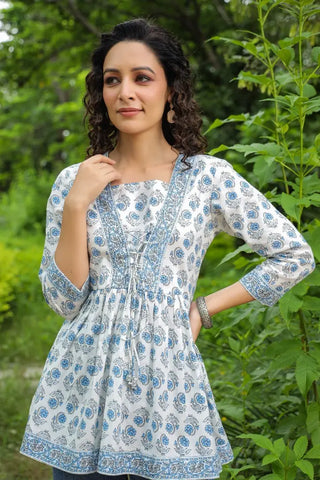 Women Cream And Blue Floral Printed Pure Cotton A-Line Top