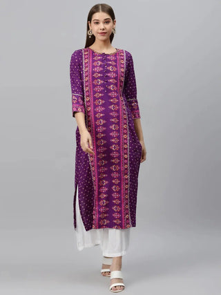 Women Purple & Pink Pure Cotton Screen Printed Straight Kurta