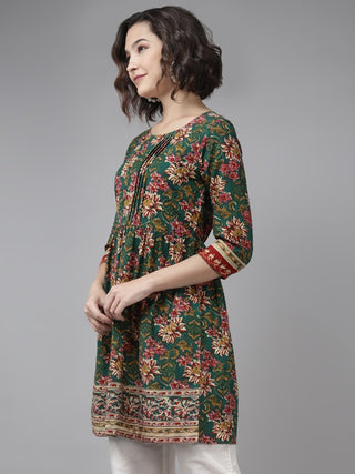 Women Green & Pink Floral Print Pleated Cotton Tunic