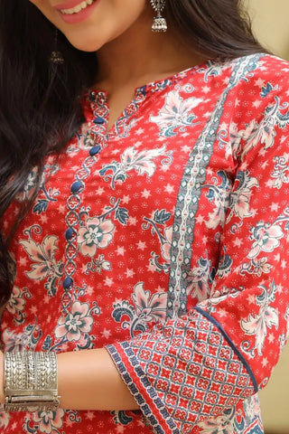 Women Red Floral Printed Pure Cotton Straight Kurta