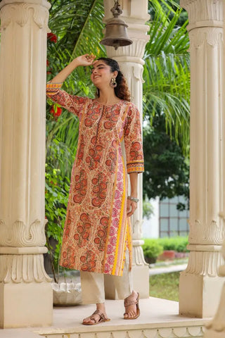 Women Beige Cotton Kurta with Ethnic Print