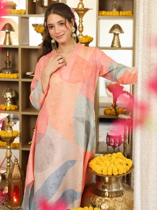 Peach and Pastel Blue Abstract Print Co-Ord Set