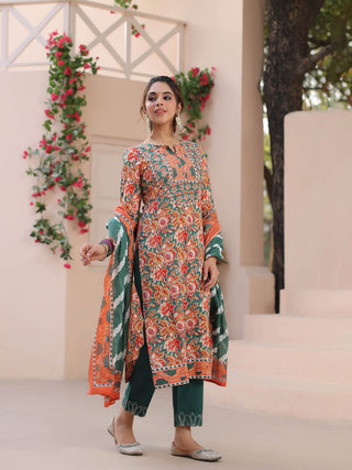 Women Green Floral Printed Pure Cotton Straight Kurta With Trouser And Dupatta